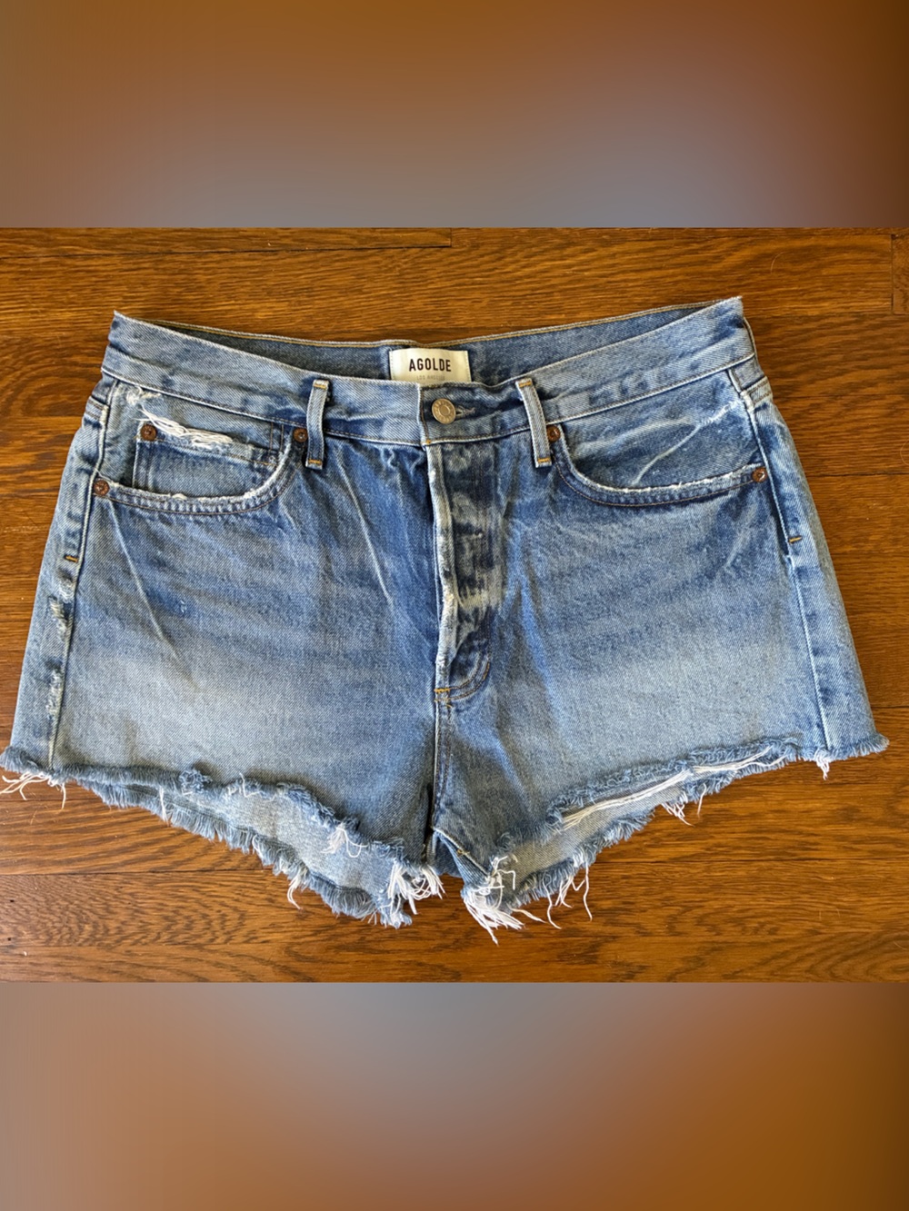 Agolde Light Blue Distressed High-Rise Denim Shorts